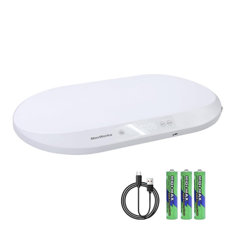 Maxworks 51075 Baby & Pet Scale – 88 lbs Capacity, Type-C Rechargeable or AAA Battery, Large Platform, Unit Conversion, Lock & Tare, White (g/kg/lb/oz) - Image 1